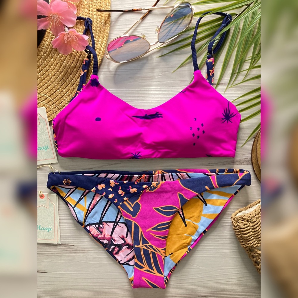 RARE Maaji • Tropical Reversible Dainty Bralette Top | Thin Side Bikini Bottoms